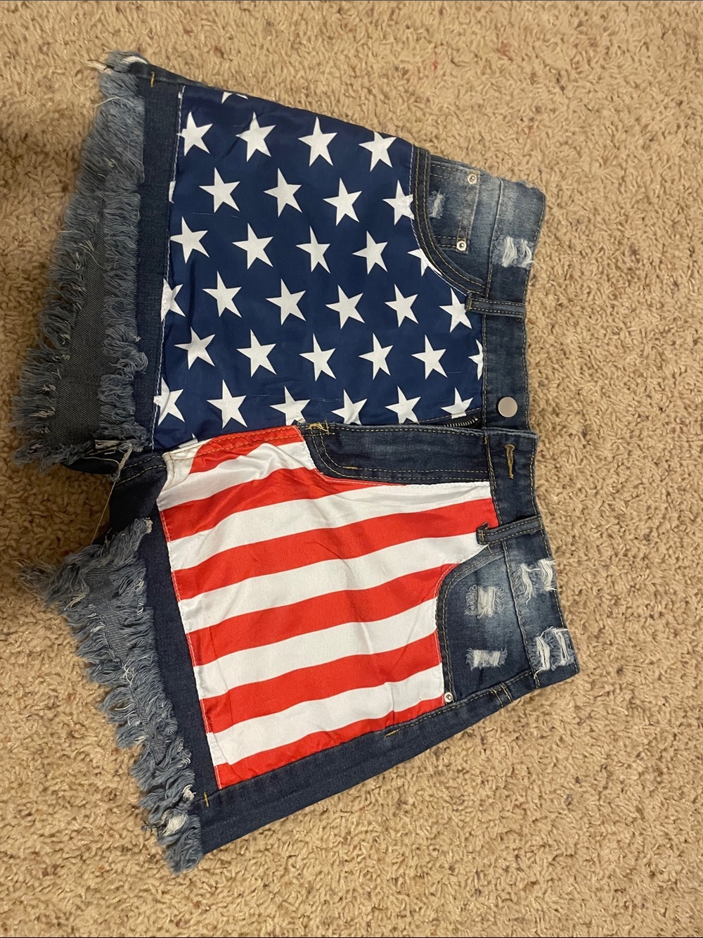 Frayed Denim Jean Shorts with American Star & Stripe Panel - Blue/Red